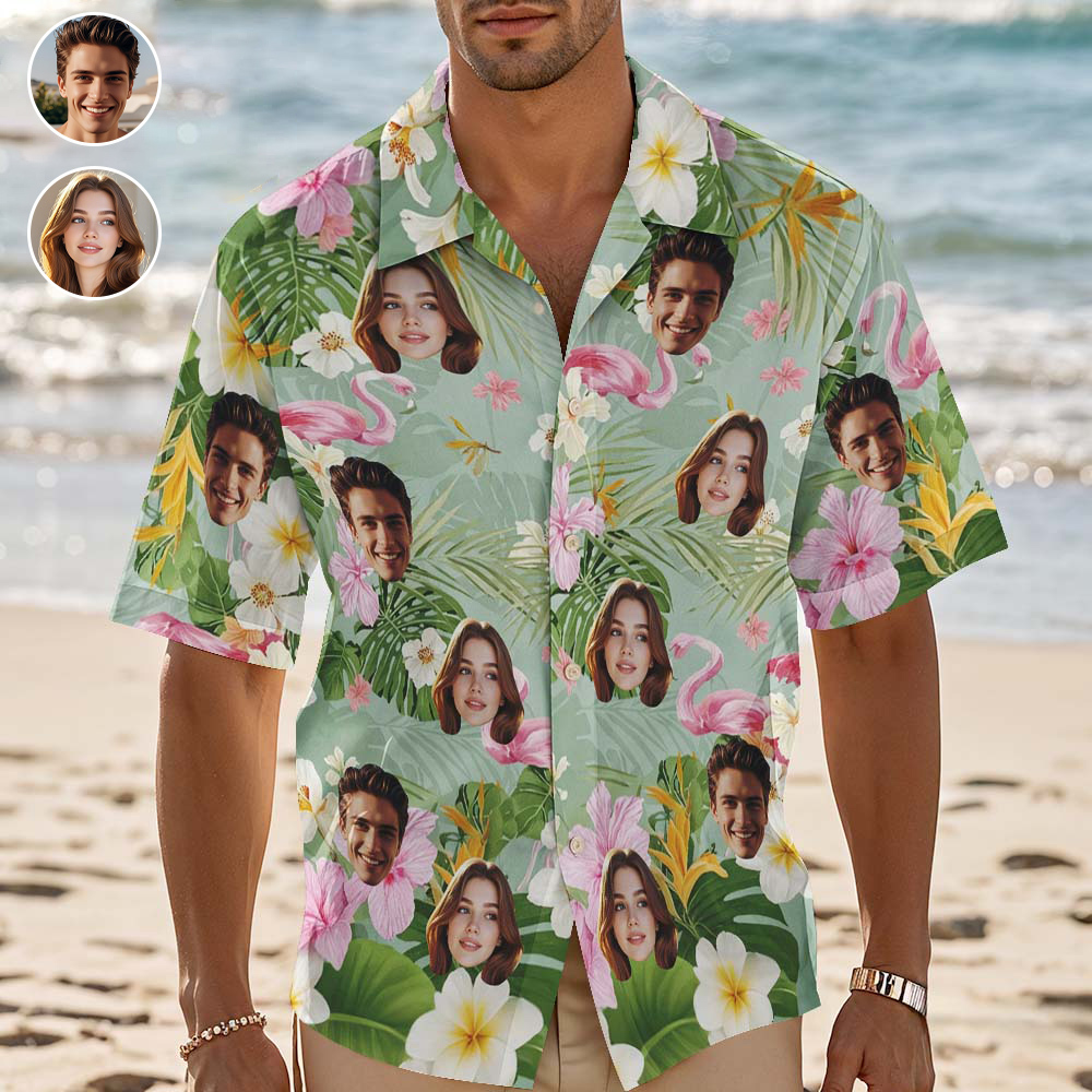 訂製夏威夷襯衫火烈鳥和綠葉個人化照片夏威夷襯衫趣味禮物 - PhotoMoonLampTW