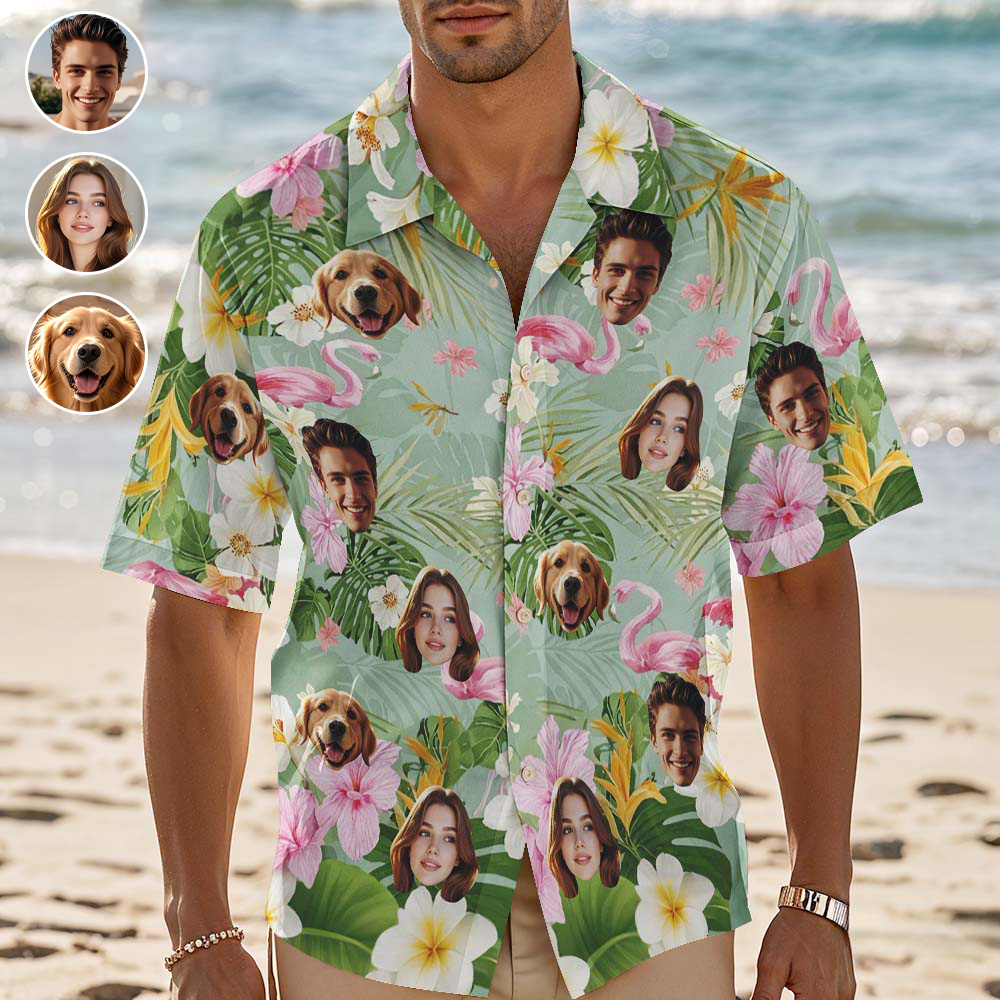 訂製夏威夷襯衫火烈鳥和綠葉個人化照片夏威夷襯衫趣味禮物 - PhotoMoonLampTW