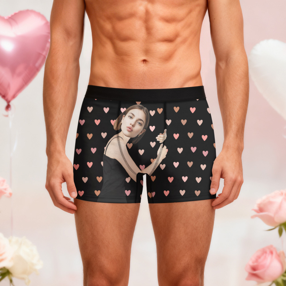訂製小愛心圖案男士平角內褲,獨特禮物,情人節禮物 - PhotoMoonLampTW