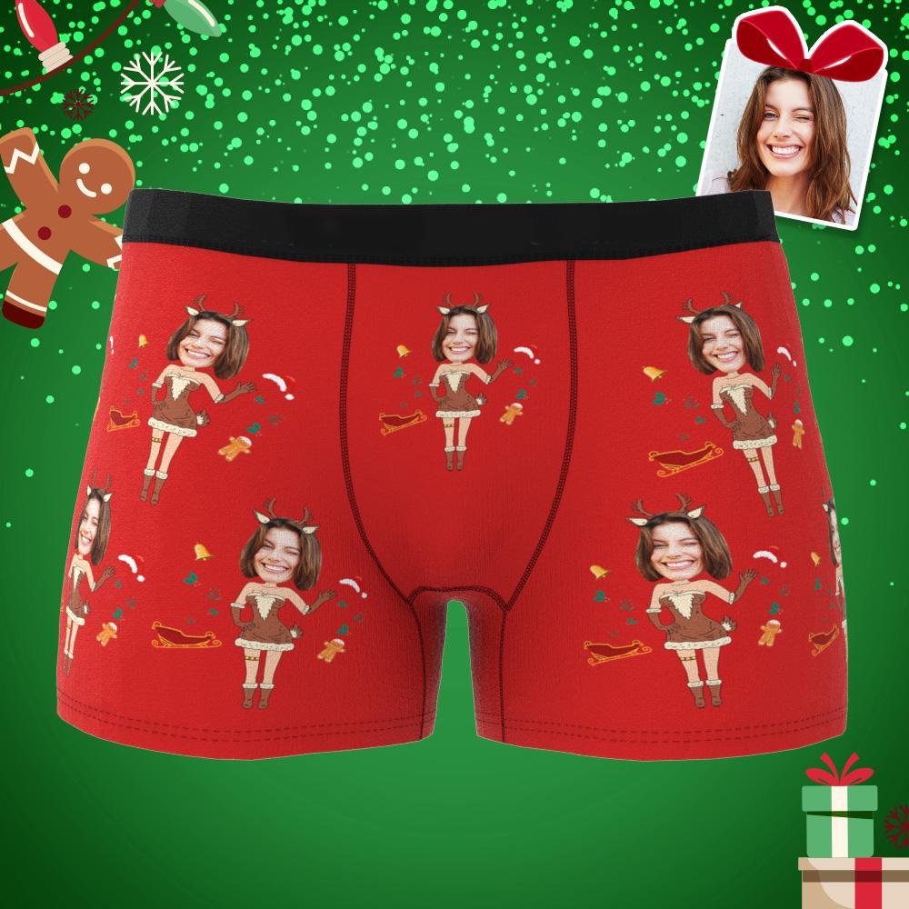 Custom Photo Boxer Christmas Elk Face Underwear Men's Underwear Couple Gifts Christmas Gift AR View - soufeelus