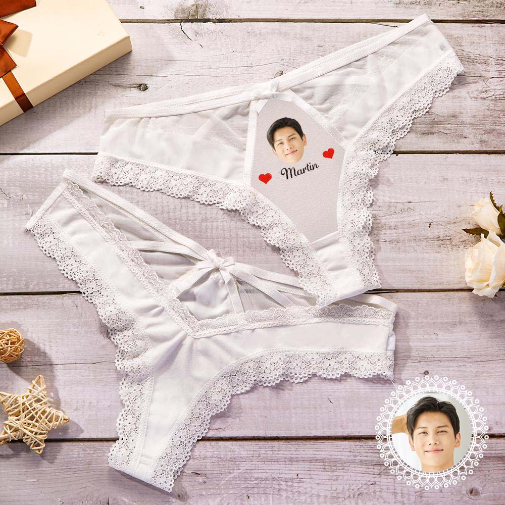 客製化性感蕾絲丁字褲 白色蕾絲 個性化男友臉和名字