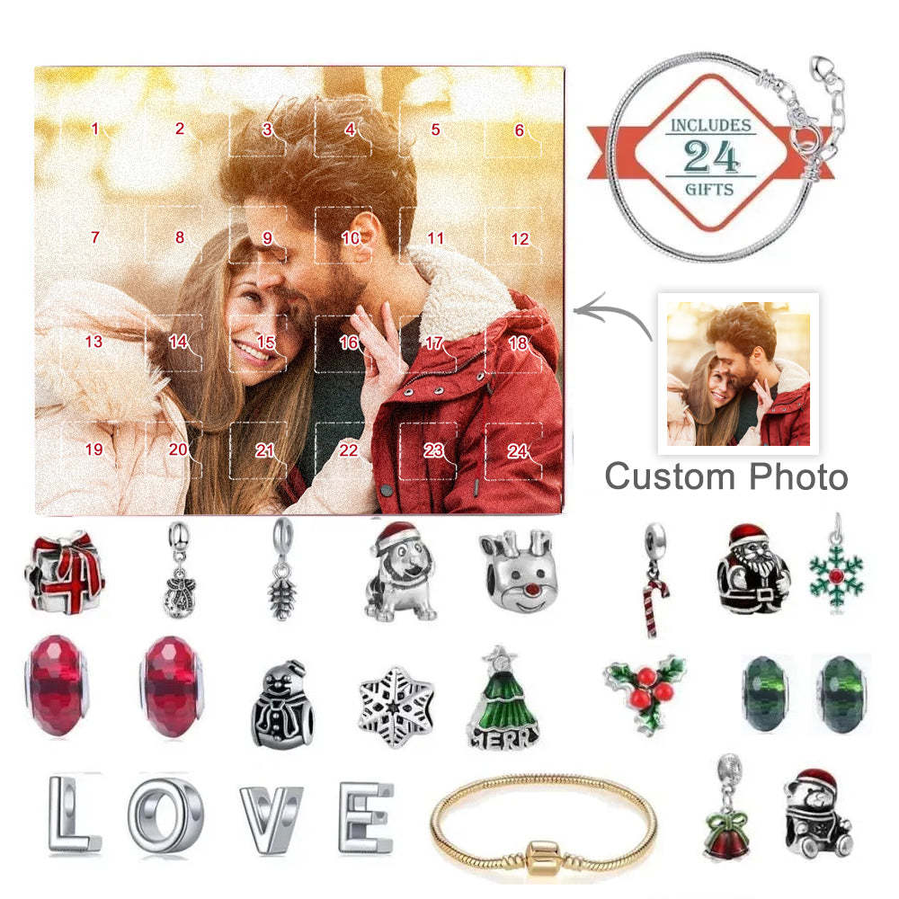 Personalised Photo Jewellery Advent Calendar Photo Charm Christmas Surprise Blind Box Bracelet 24 Calendar Countdown Gift Box Bracelet