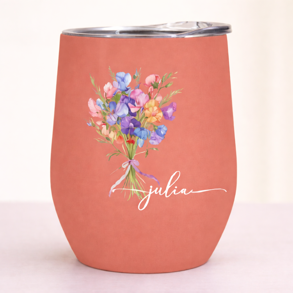 客製化生日花卉葡萄酒杯(女士款) - 個人化姓名母親節禮物 - PhotoMoonLampTW