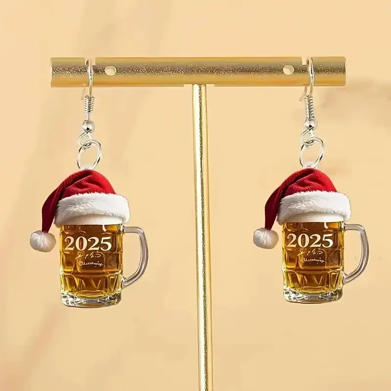 2025 聖誕啤酒杯壓克力耳環聖誕帽啤酒杯壓克力耳環 - PhotoMoonLampTW