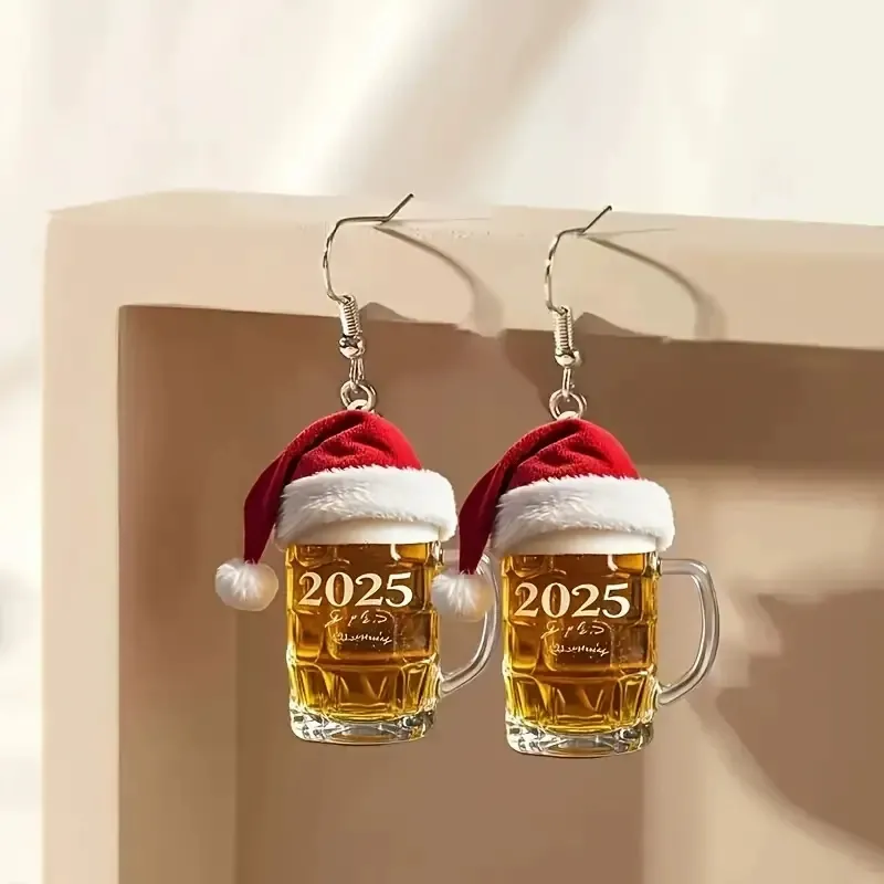 2025 聖誕啤酒杯壓克力耳環聖誕帽啤酒杯壓克力耳環 - PhotoMoonLampTW