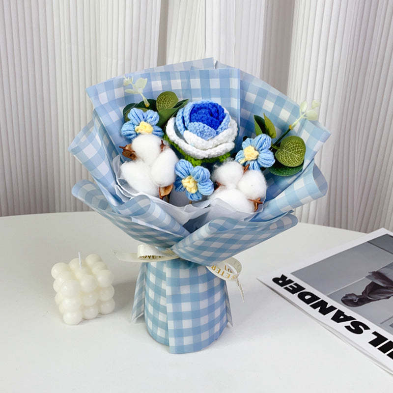 鉤針花束手工針織玫瑰棉和雛菊花束送給她的畢業禮物 - PhotoMoonLampTW