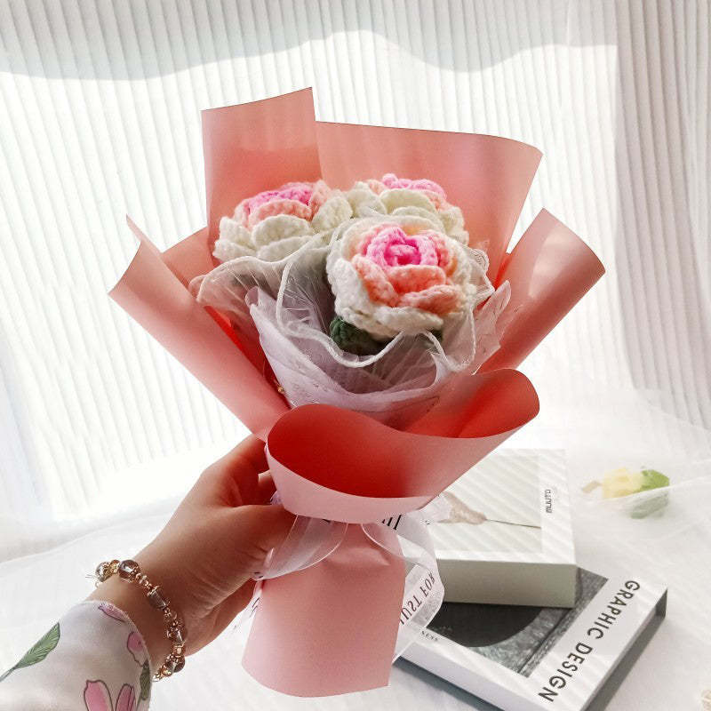 鉤針花束手工針織三朵玫瑰花束送給她的畢業禮物 - PhotoMoonLampTW