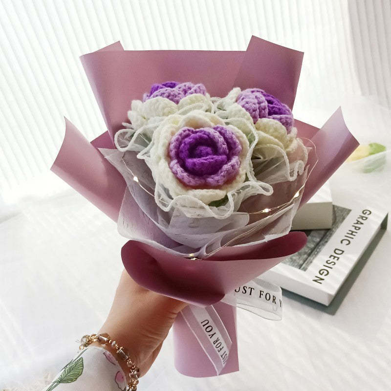 鉤針花束手工針織三朵玫瑰花束送給她的畢業禮物 - PhotoMoonLampTW