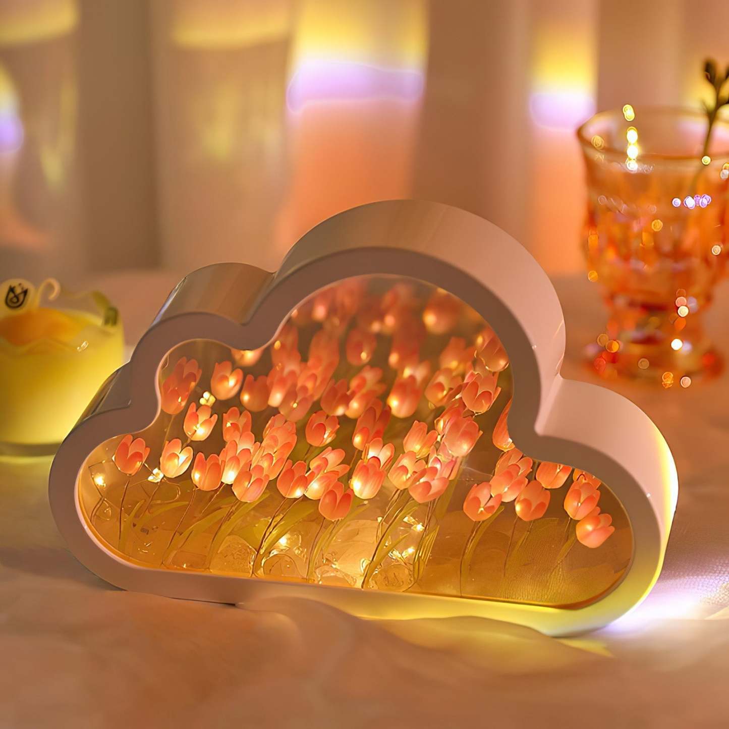 Diy雲朵鬱金香鏡子夜燈仿真花臥室睡眠檯燈 - PhotoMoonLampTW