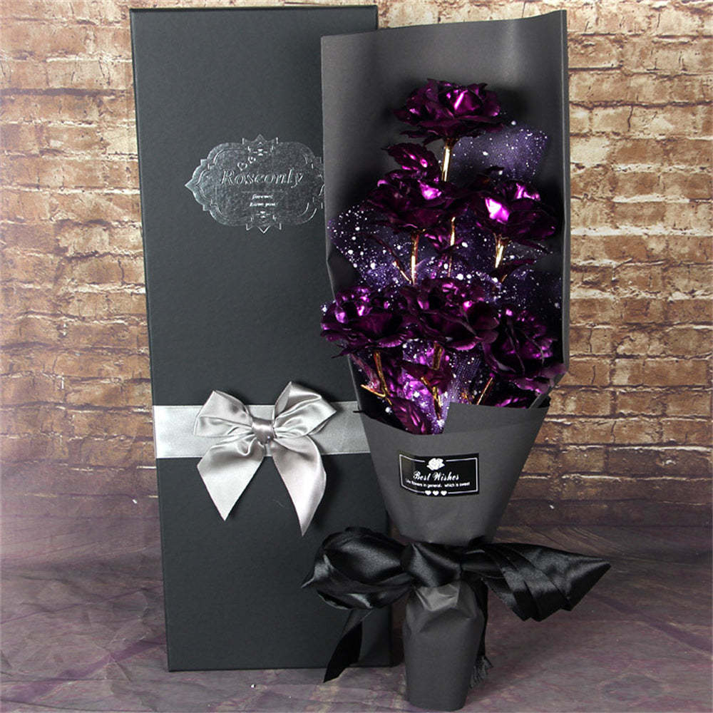 金箔玫瑰七彩玫瑰花束人造永生花情人節禮物送給情人 - PhotoMoonLampTW