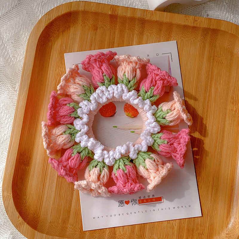 送給媽媽的禮物 手工編織鈴蘭羊毛大腸髮圈 高彈性馬尾髮圈 - PhotoMoonLampTW