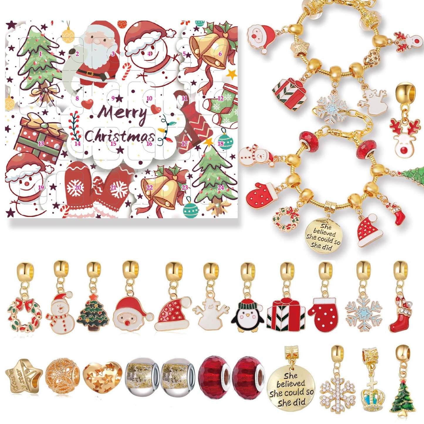Christmas Charm Countdown Calendar Gift Box Set DIY Charm Jewelry Christmas Tree Bracelet Gift - soufeelus