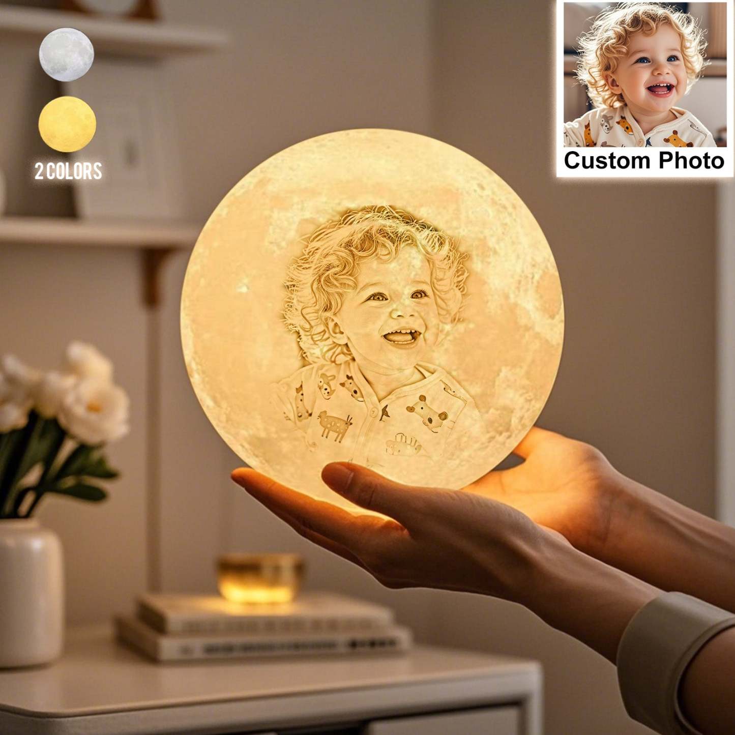 雕刻照片燈二色魔法農曆定制地球燈帶文字情侶聖誕禮物(10-15厘米) - PhotoMoonLampTW