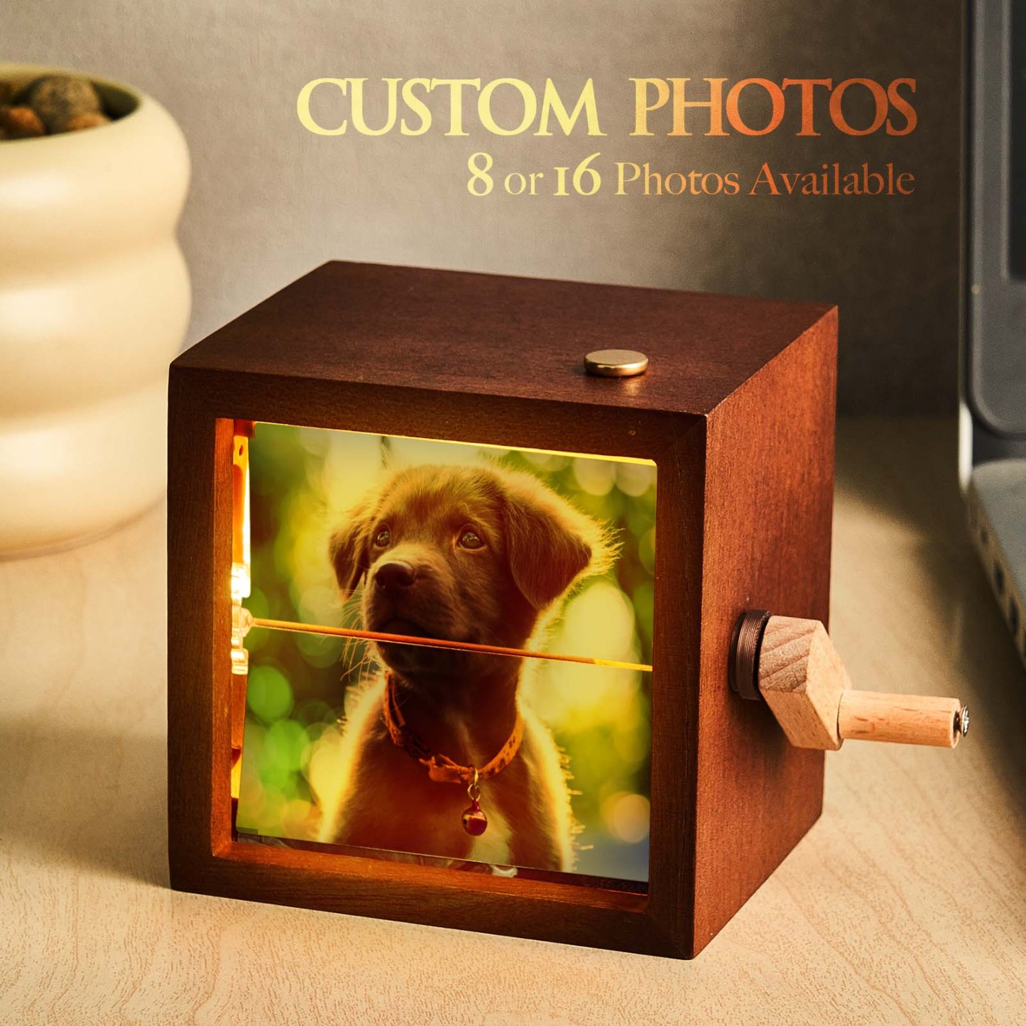 訂製手搖翻書盒動畫機機械手搖相簿帶燈黑胡桃木嬰兒照片立方體相框父親節禮物 - PhotoMoonLampTW