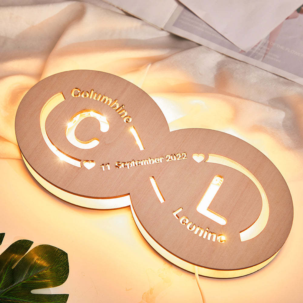 Custom Name and Date Infinity Love Sign Night Light with Initials Wooden Lamp for Lovers - photomoonlamp