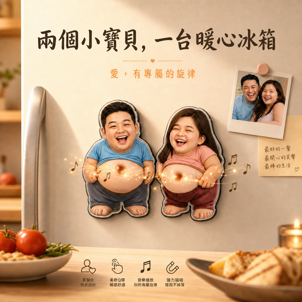 個人化軟萌照片音樂冰箱貼｜可自訂Q版人像・擠壓肚皮播放聲音・情侶家人趣味禮物
