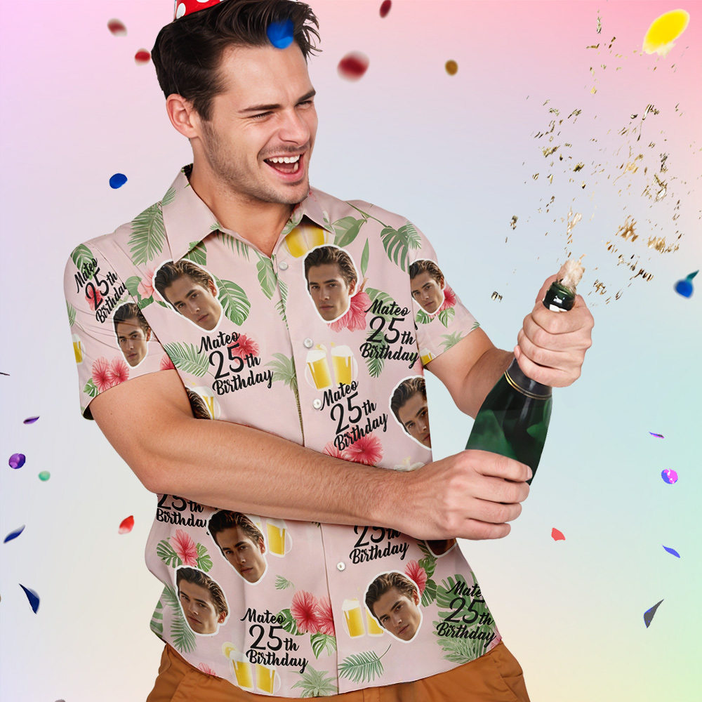 個性化生日夏威夷襯衫訂製臉名夏季生日派對綠色襯衫 Aloha 生日夏威夷襯衫生日禮物 - PhotoMoonLampTW