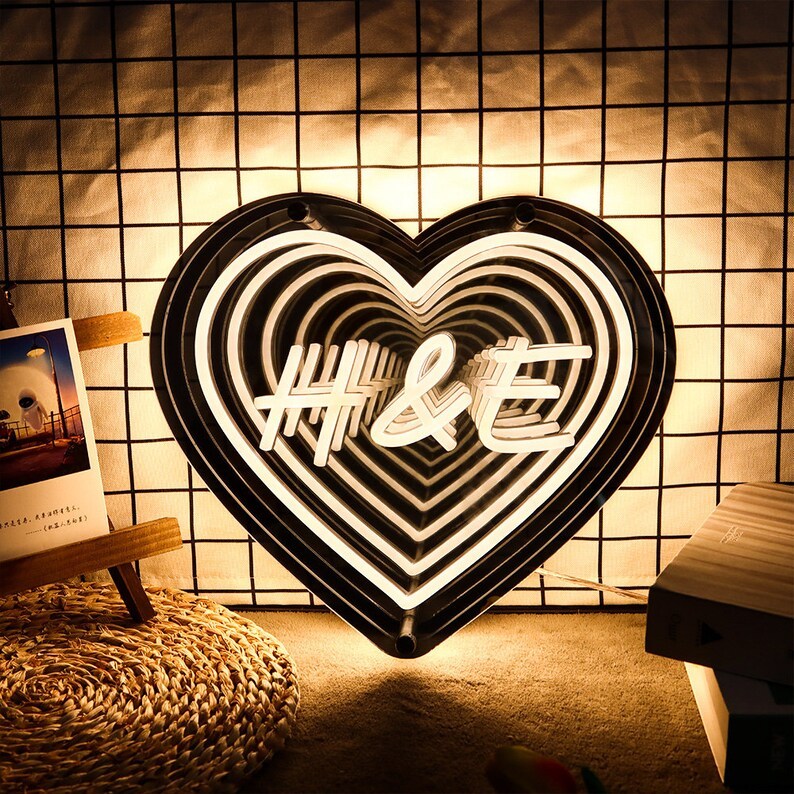 訂製霓虹無限鏡,led霓虹鏡,霓虹鏡婚禮燈光藝術,客製化首字母心形燈,送給她的結婚禮物 - PhotoMoonLampTW