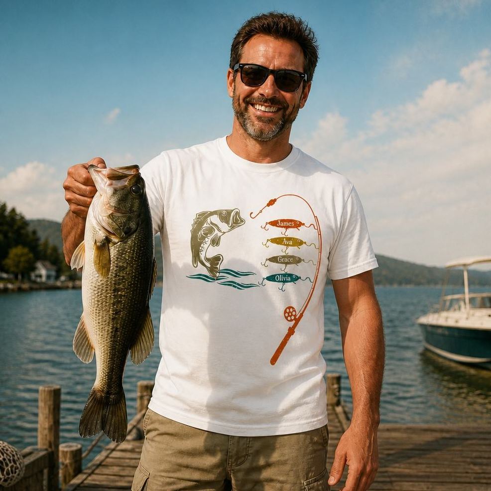 爸爸/爺爺釣魚與孩子名字熱昇華襯衫父親節禮物 T 卹 - PhotoMoonLampTW