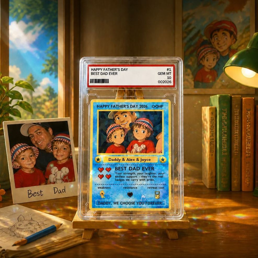 客製化傳奇老爸之愛集換卡 – 客製化照片父親節禮物,獨特的 TCG 收藏風格卡 - PhotoMoonLampTW
