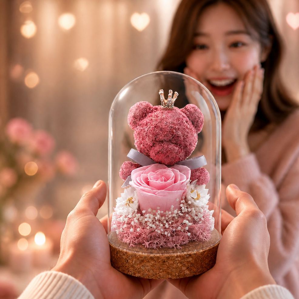 永恆玫瑰苔蘚熊玻璃圓頂 – 浪漫節日禮物,永生花裝飾,情人節,生日和母親節禮物 - PhotoMoonLampTW
