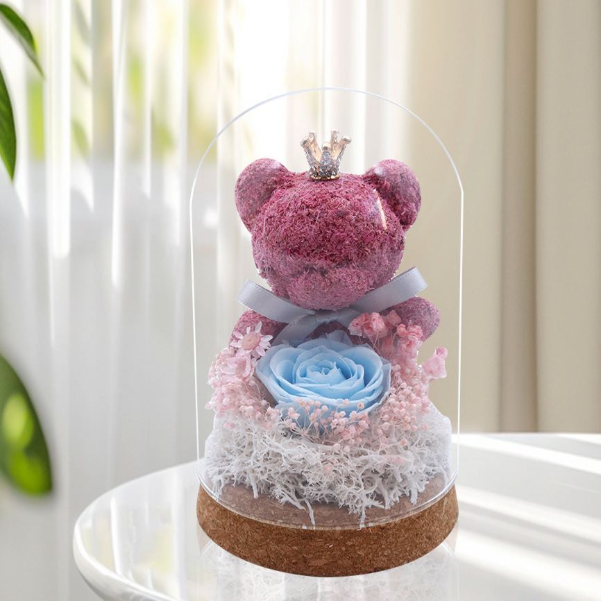 永恆玫瑰苔蘚熊玻璃圓頂 – 浪漫節日禮物,永生花裝飾,情人節,生日和母親節禮物 - PhotoMoonLampTW