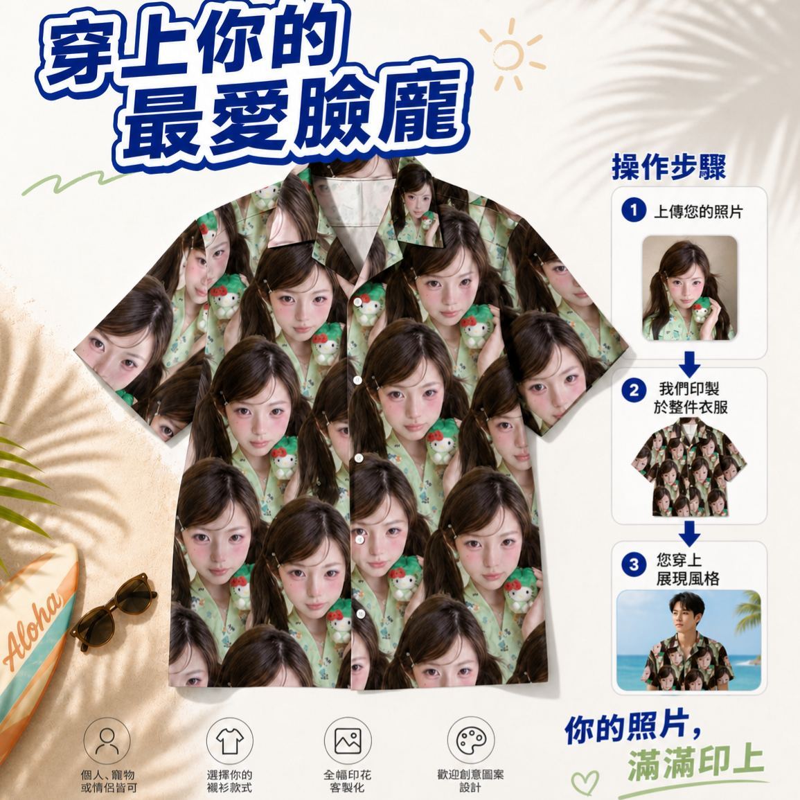 客製化臉部照片夏威夷襯衫 – 個性化全印花夏威夷襯衫,男女有趣的照片禮物