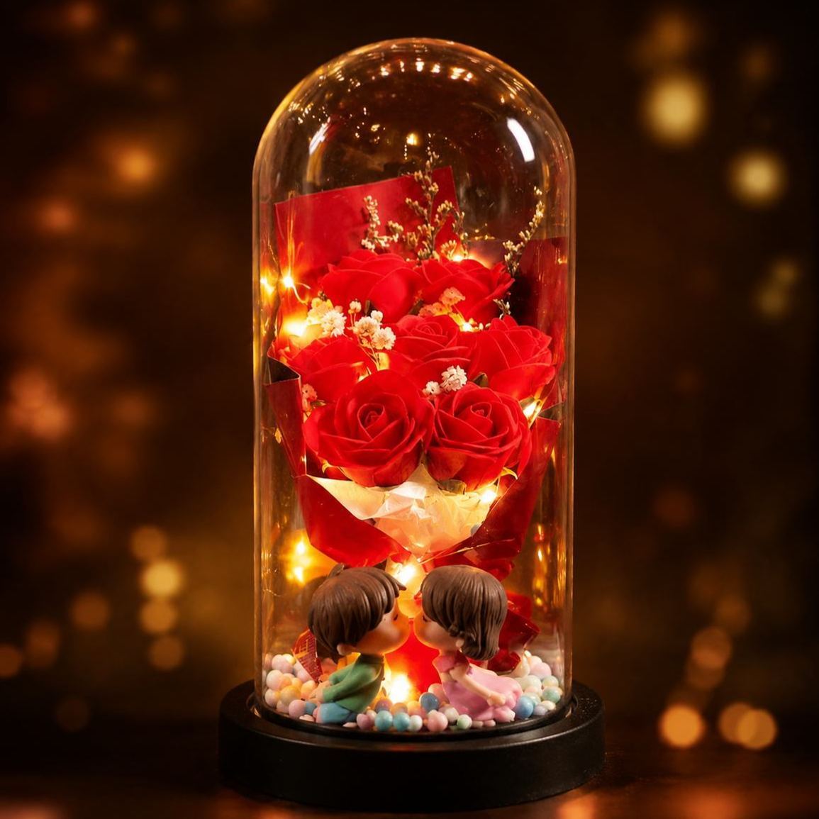 永恆玫瑰玻璃圓頂小夜燈 – 樹脂永生花花束燈送給她的生日禮物 - PhotoMoonLampTW