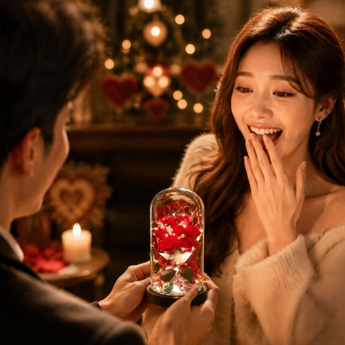 永恆玫瑰玻璃圓頂小夜燈 – 樹脂永生花花束燈送給她的生日禮物 - PhotoMoonLampTW
