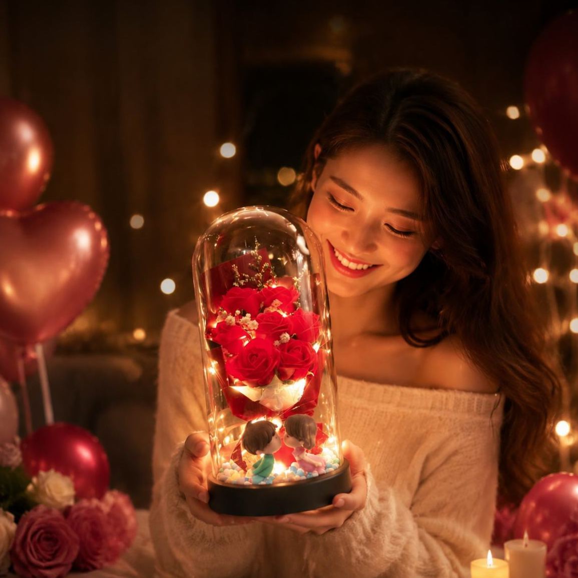 永恆玫瑰玻璃圓頂小夜燈 – 樹脂永生花花束燈送給她的生日禮物 - PhotoMoonLampTW