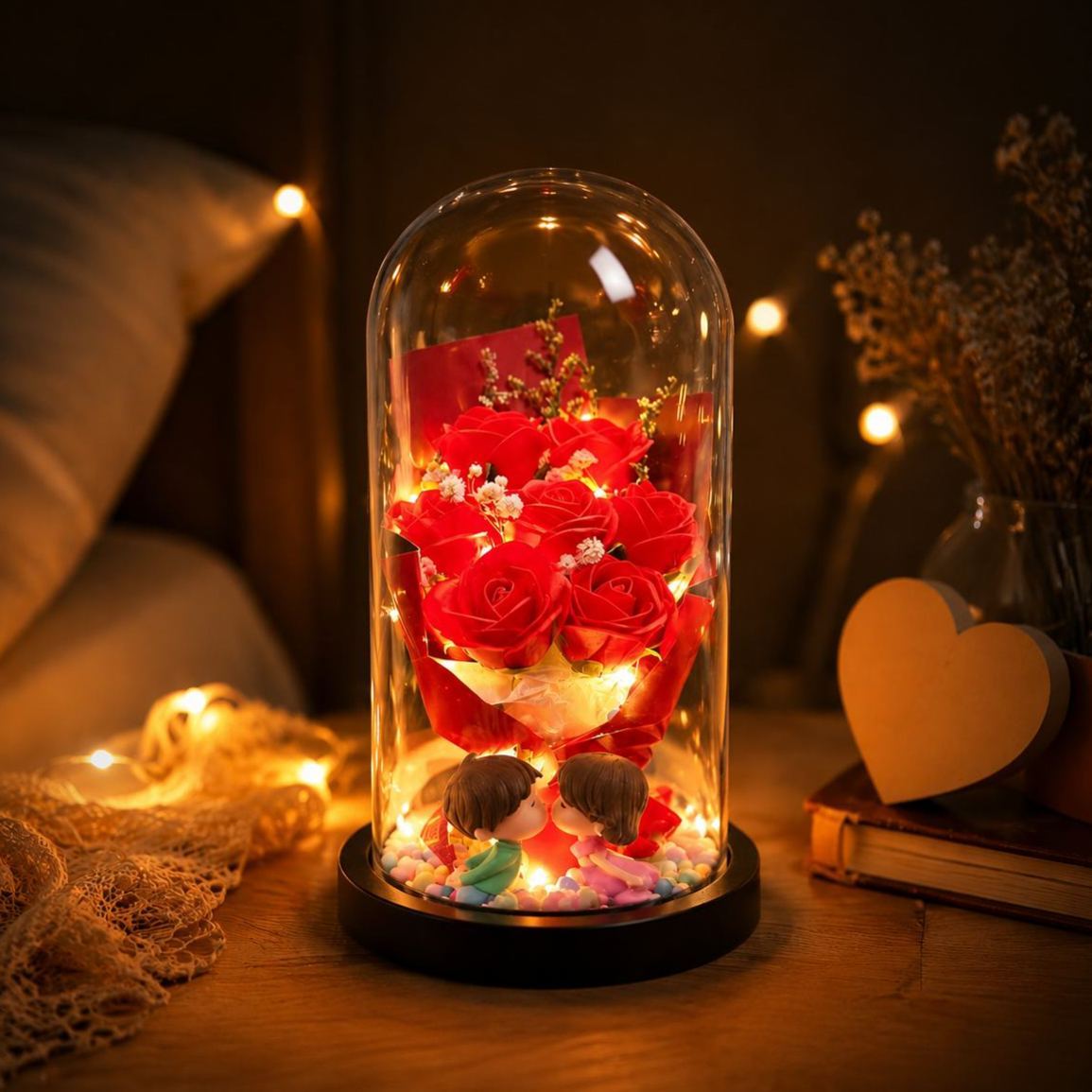 永恆玫瑰玻璃圓頂小夜燈 – 樹脂永生花花束燈送給她的生日禮物 - PhotoMoonLampTW