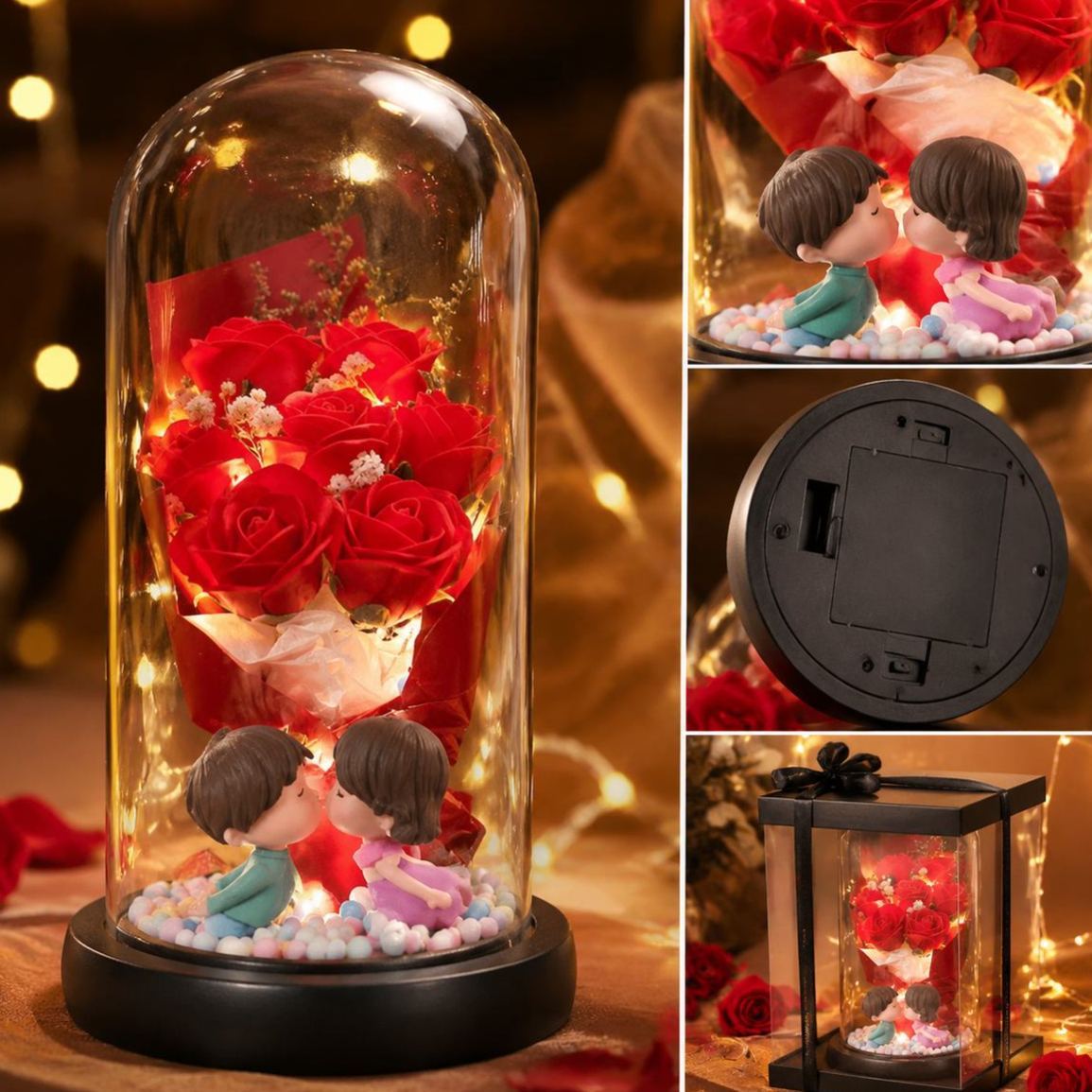 永恆玫瑰玻璃圓頂小夜燈 – 樹脂永生花花束燈送給她的生日禮物 - PhotoMoonLampTW