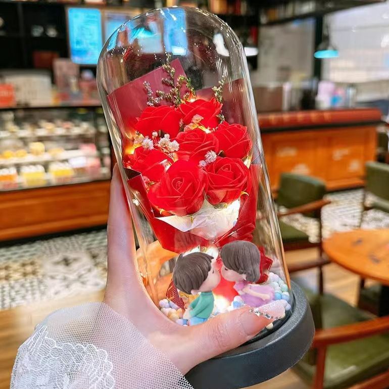 永恆玫瑰玻璃圓頂小夜燈 – 樹脂永生花花束燈送給她的生日禮物 - PhotoMoonLampTW