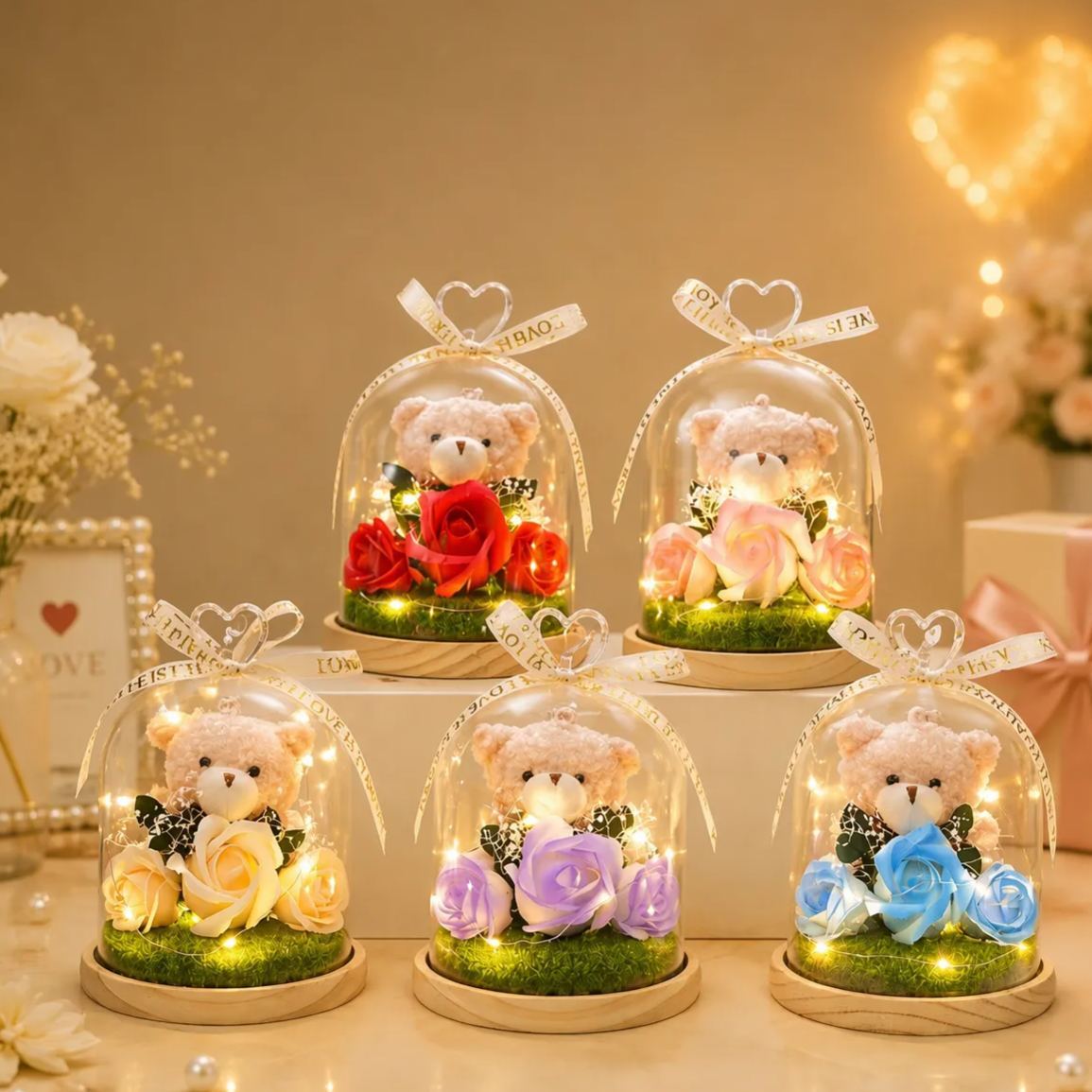 永生花泰迪熊花束,肥皂花玫瑰和康乃馨插花,送給女友的浪漫生日情人節禮物 - PhotoMoonLampTW