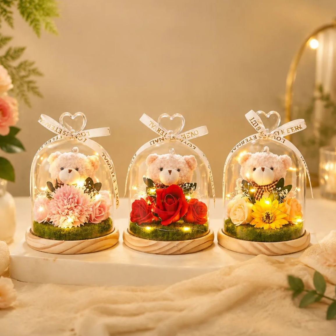 永生花泰迪熊花束,肥皂花玫瑰和康乃馨插花,送給女友的浪漫生日情人節禮物 - PhotoMoonLampTW