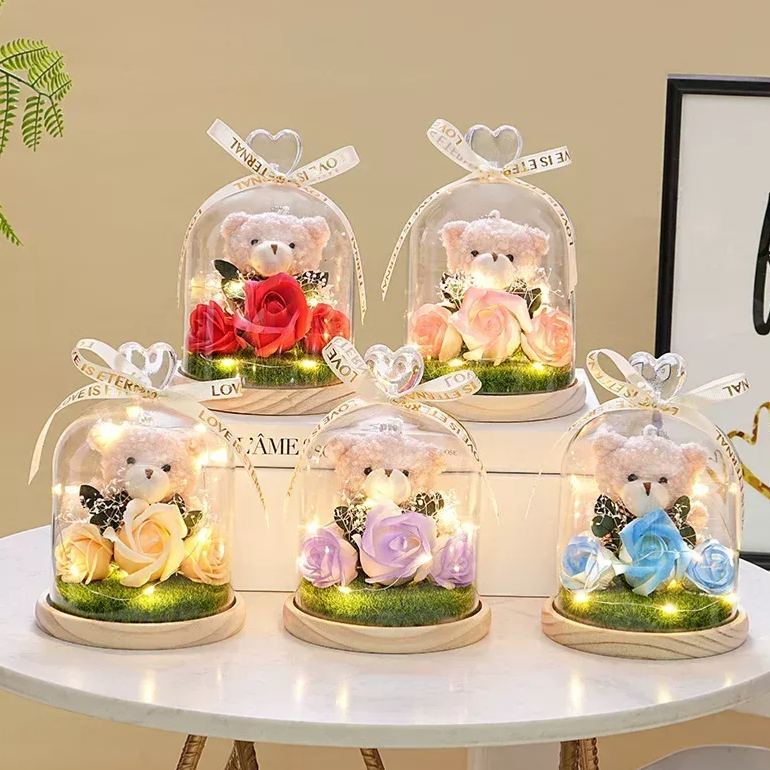 永生花泰迪熊花束,肥皂花玫瑰和康乃馨插花,送給女友的浪漫生日情人節禮物 - PhotoMoonLampTW