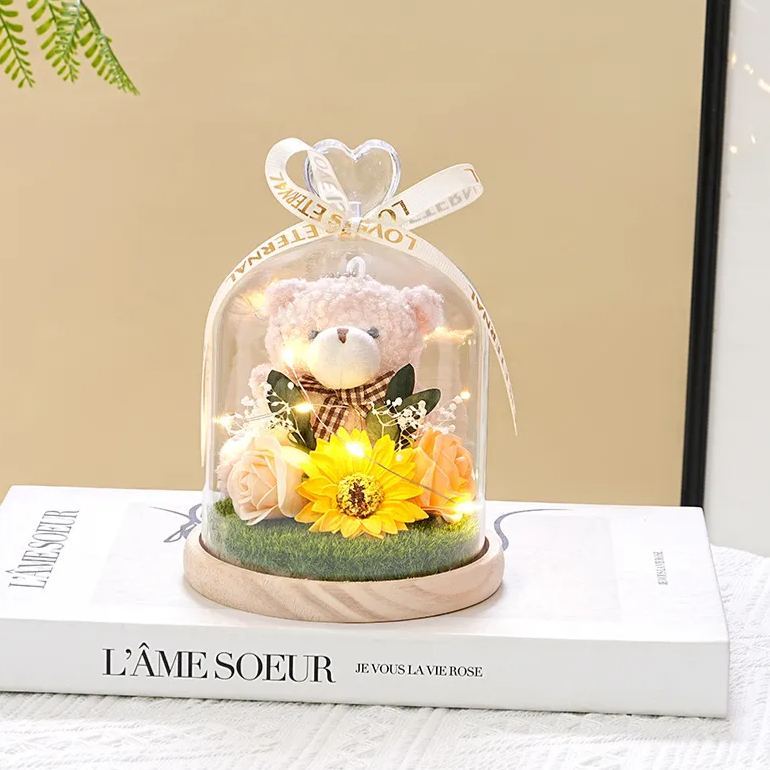 永生花泰迪熊花束,肥皂花玫瑰和康乃馨插花,送給女友的浪漫生日情人節禮物 - PhotoMoonLampTW