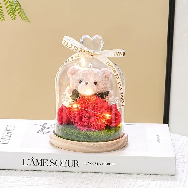 永生花泰迪熊花束,肥皂花玫瑰和康乃馨插花,送給女友的浪漫生日情人節禮物 - PhotoMoonLampTW