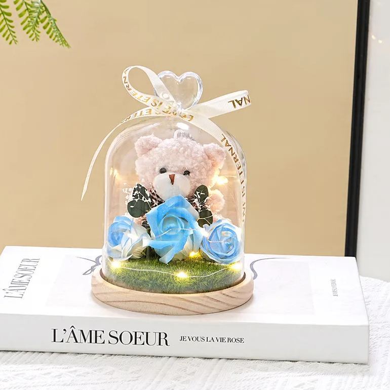 永生花泰迪熊花束,肥皂花玫瑰和康乃馨插花,送給女友的浪漫生日情人節禮物 - PhotoMoonLampTW