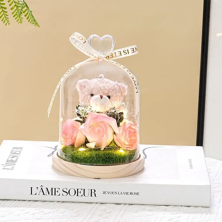永生花泰迪熊花束,肥皂花玫瑰和康乃馨插花,送給女友的浪漫生日情人節禮物 - PhotoMoonLampTW