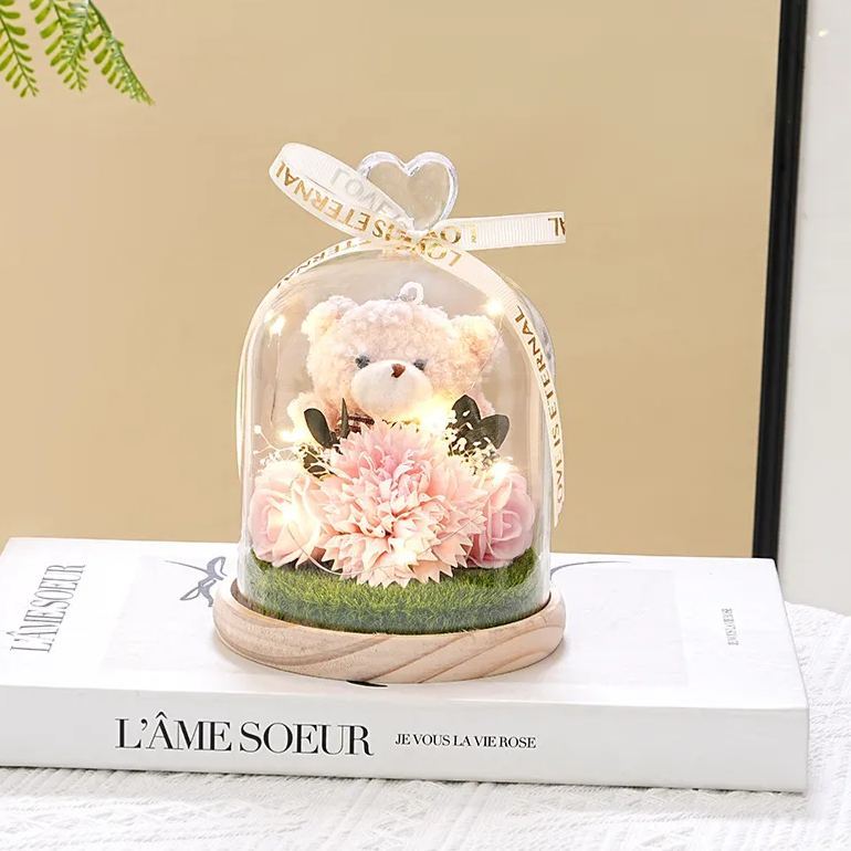 永生花泰迪熊花束,肥皂花玫瑰和康乃馨插花,送給女友的浪漫生日情人節禮物 - PhotoMoonLampTW