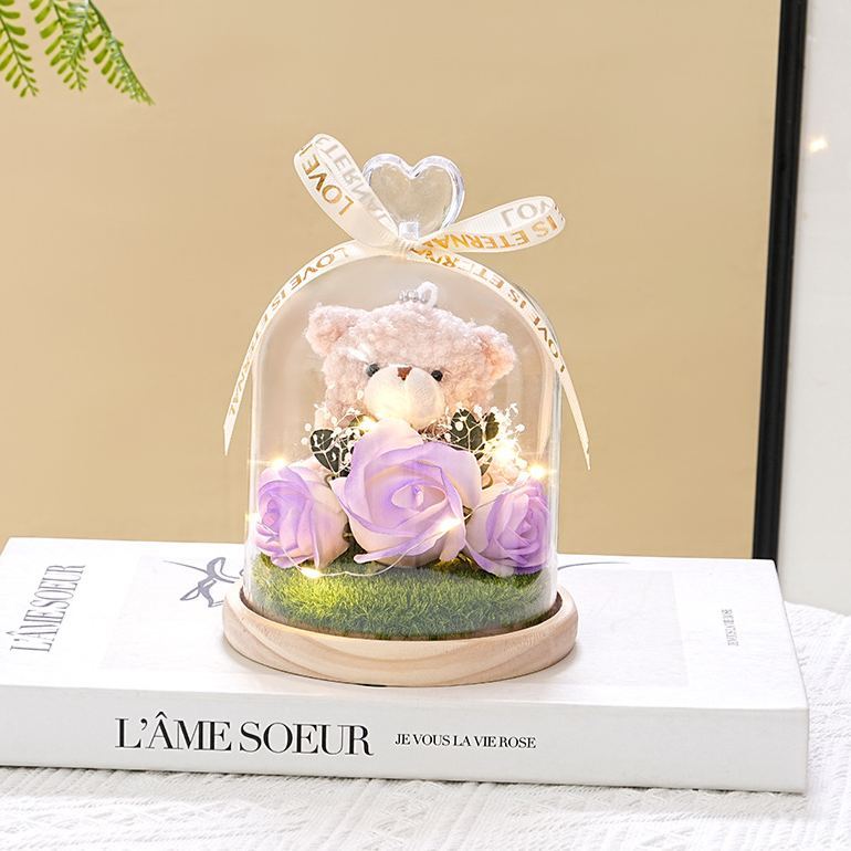 永生花泰迪熊花束,肥皂花玫瑰和康乃馨插花,送給女友的浪漫生日情人節禮物 - PhotoMoonLampTW
