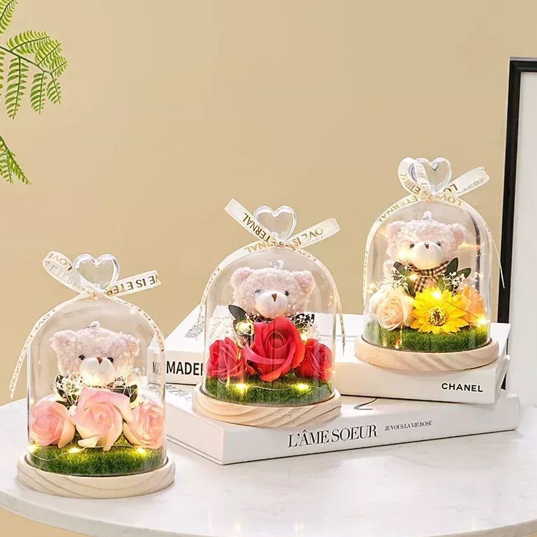 永生花泰迪熊花束,肥皂花玫瑰和康乃馨插花,送給女友的浪漫生日情人節禮物 - PhotoMoonLampTW
