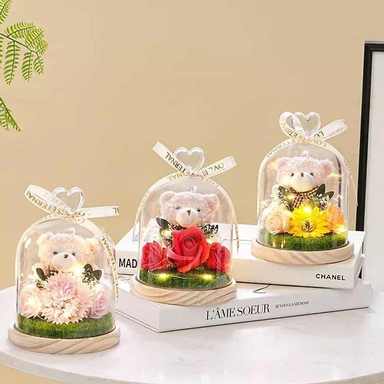 永生花泰迪熊花束,肥皂花玫瑰和康乃馨插花,送給女友的浪漫生日情人節禮物 - PhotoMoonLampTW