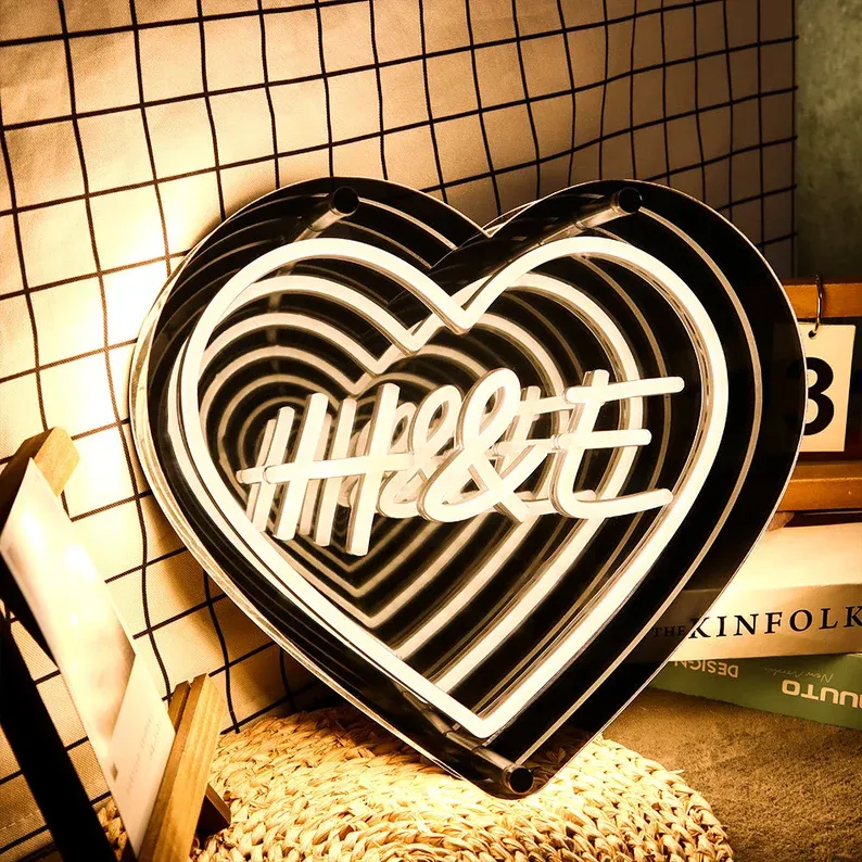 訂製霓虹無限鏡,led霓虹鏡,霓虹鏡婚禮燈光藝術,客製化首字母心形燈,送給她的結婚禮物 - PhotoMoonLampTW