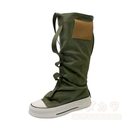 Vintage High Top Canvas Strap Lace Up Stacked Sole Boots - Green - 40 - image 6
