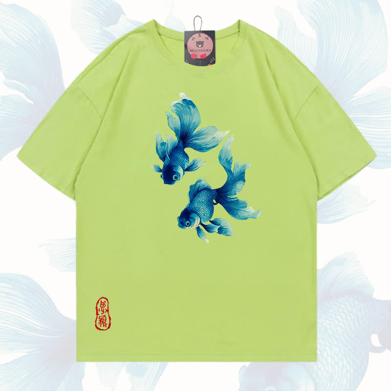 MODAKAWA Fish Graphic 100% Cotton T-shirt - Avocado green - 5XL - image 7