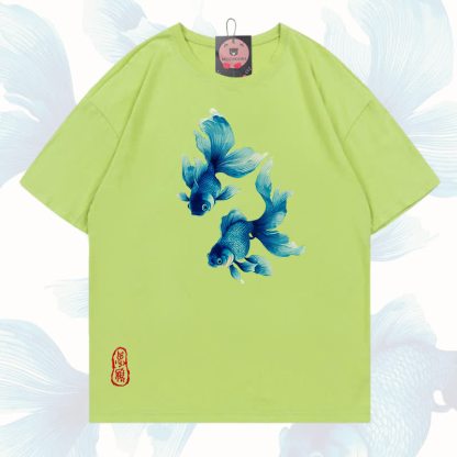 MODAKAWA Fish Graphic 100% Cotton T-shirt - Avocado green - 5XL - image 7