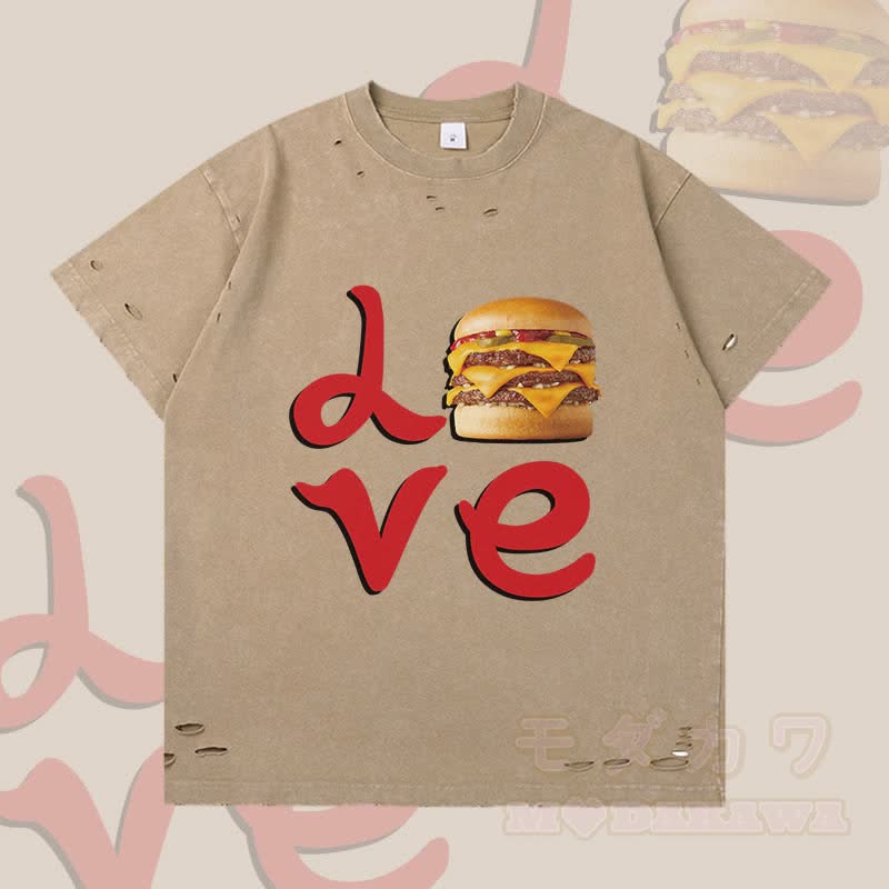MODAKAWA LOVE Hamburger Graphic Ripped T-shirt - Brown - 2XL - image 4