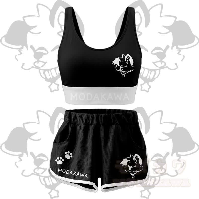 MODAKAWA X popipeko Puppy Graphic Crop Tank Sport Top Shorts Bikini Matching Outfit - Black Set - 5XL - image 13